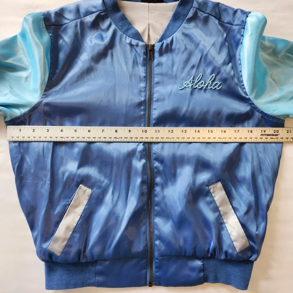 Disney Lilo & Stitch Blue Satin Bomber Jacket Hawaii Embroidered Zip Up Kids Med